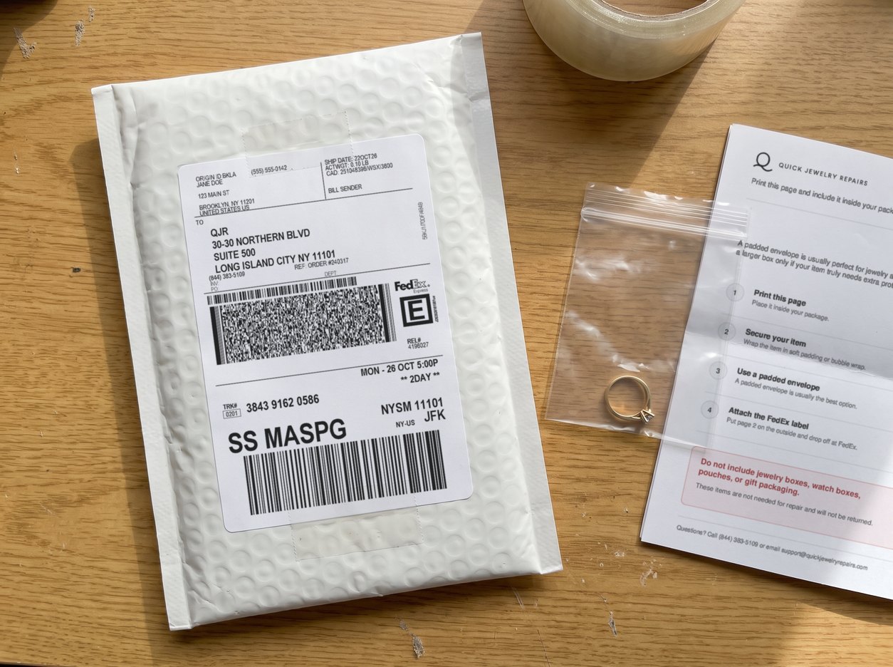 Padded envelope with a QJR prepaid FedEx label, a ring sealed in a ziplock bag, and the printed QJR packing slip