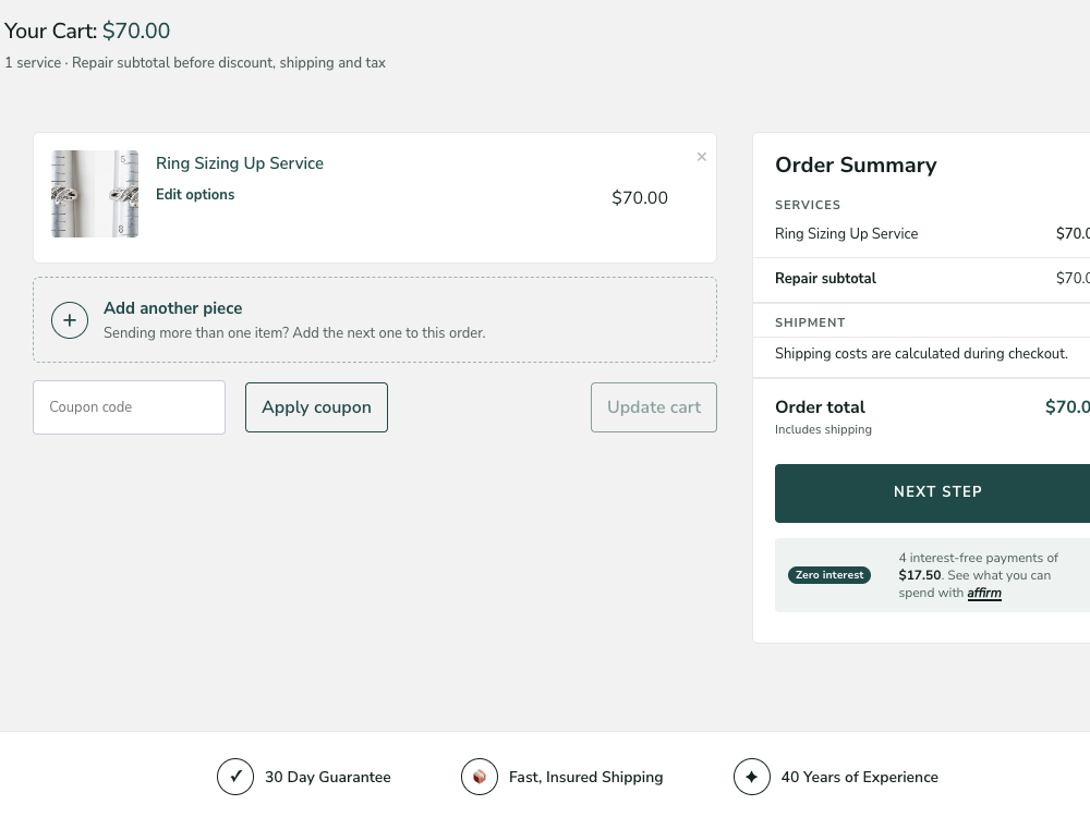 Quick Jewelry Repairs cart screen with a repair service, add-another-piece option, and order summary