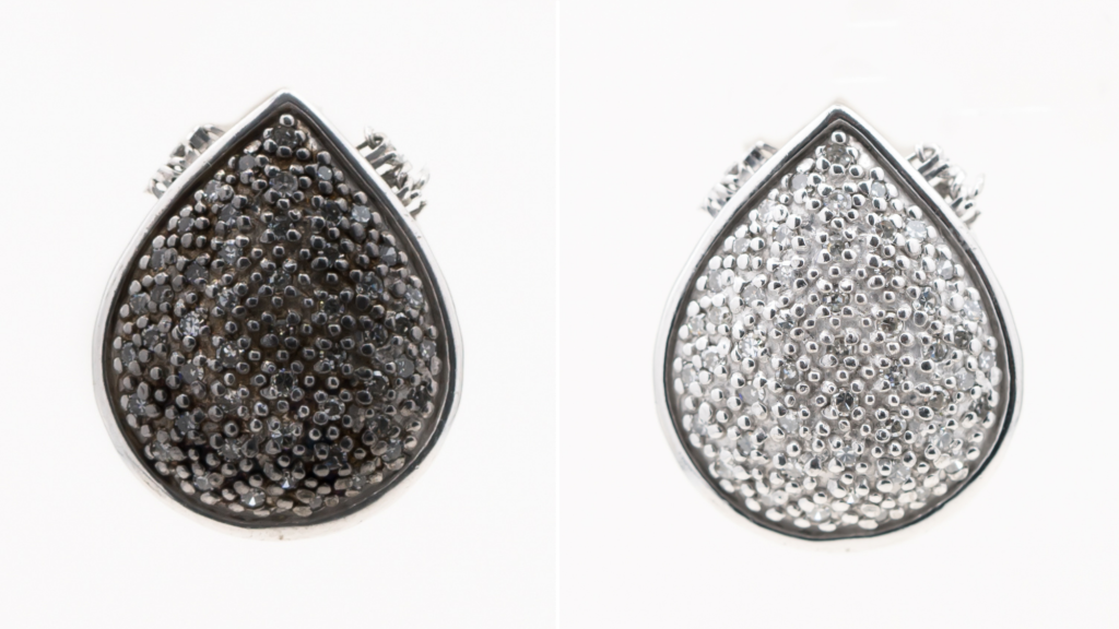 before and after pictures of a ring that's been plated with rhodium