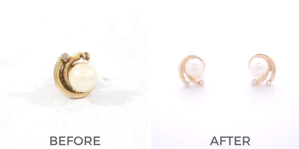 earring replication pearl and diamond yellow gold before and after