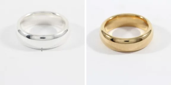 Silver band before plating and the same band after gold plating