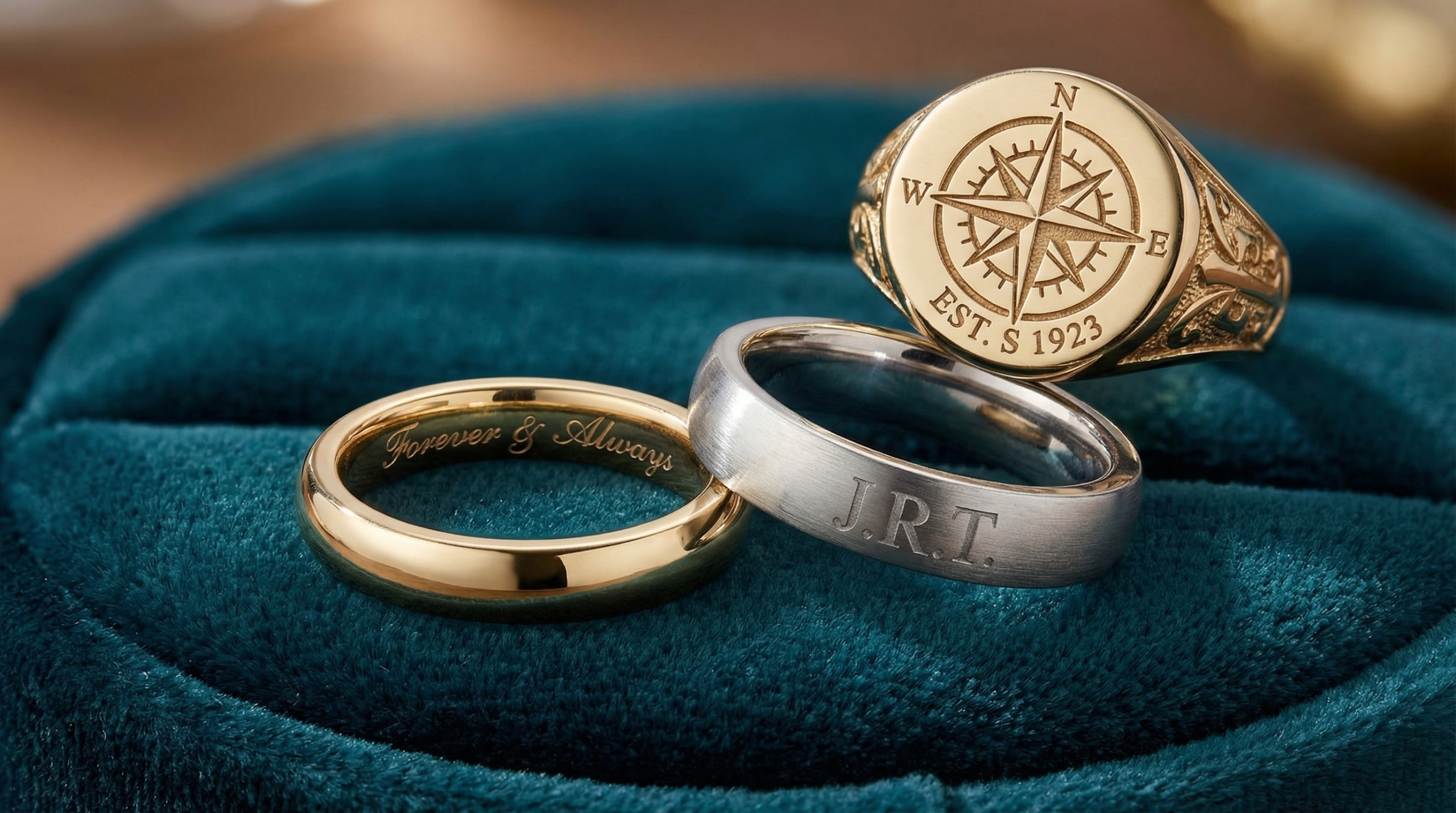 Ring engraving styles script block monogram signet on gold rings - Quick Jewelry Repairs